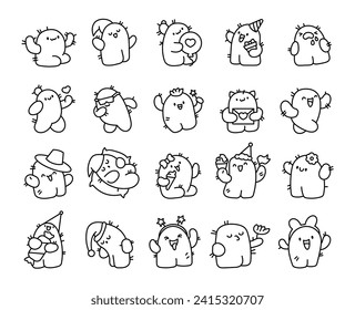Funny cactus. Coloring Page. Cute smiling caroon characters. Hand drawn style. Vector drawing. Collection of design elements.