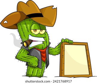 Funny Cactus Cowboy Cartoon Character Holding Wooden Blank Sign. Vector Hand Drawn Illustration Isolated On Transparent Background