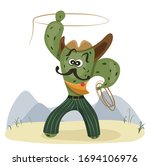 Funny cactus - cowboy hand drawn vector illustration. Cartoon character. Desert plant on white background. Childish t shirt print design.