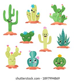 Funny Cactus cute style Vector set on white