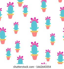 Funny cactus with flower seamless pattern. Cute cacti vector illustration