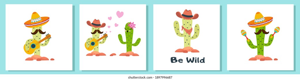 funny cactus with guitar and sombrero on white