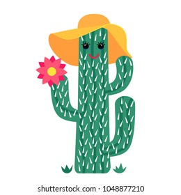 Funny cactus in a hat and flower. Children's drawing for print on textiles, T-shirt, stickers, greeting cards, laptops. flat vector