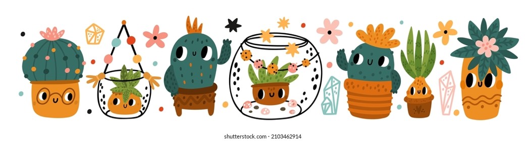 Cactus divertidos. Plantas domésticas en macetas o diferentes florarios. Kawaii suculenta con rostros lindos en los terrarios. Cacti del desierto en flowerpot. Caricatura de personajes florales. Vector