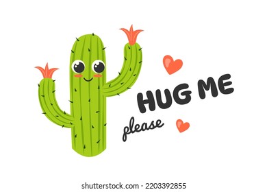 Un divertido abrazo de cactus. Cita de inscripción de caricatura mexicana de succión de planta, espinas de cactus abrazos gratis para arte de postales valentinas o impresión de camisetas, texto fresco ilustrativo de vector de corazón de diseño feliz