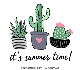 Funny Cactus Illustration With Typography. Summer Graphic. Lettering ' It's Summer Time ' Vector Illustration. Apparel Print