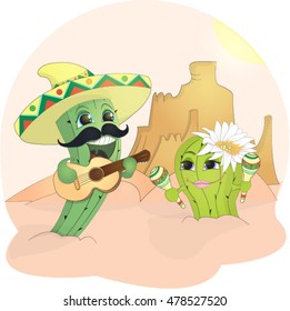 Funny cactus in love, funny vector cartoon illustration