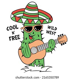 Funny cactus mascot vector illustration, playing the guitar, t-shirt print for Kids wear