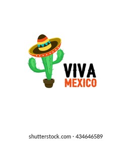 Funny cactus in mexican hat vector illustration. Cartoon cactus in sombrero with text. Viva mexico slogan isolated on white background.