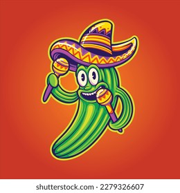 Funny cactus mexican sombrero hat maracas logo cartoon illustrations vector for your work logo, merchandise t-shirt, stickers and label designs, poster, greeting cards advertising business company 