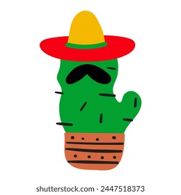 Funny cactus with mustache and Mexican hat. Flat design. Vector hand drawn illustration on white background.