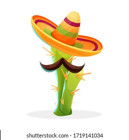 Funny cactus with sombrero and mustache, mexican mascot. Vector illustration isolated on white, cartoon character