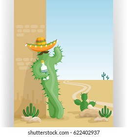 Funny cactus with tequila and mustache under sombrero. Cartoon illustration. Desert mexican landscape with cacti. Flat style vector.