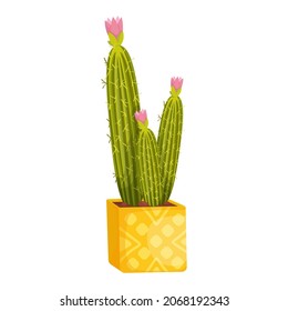 Cactus divertidos en una olla de cerámica amarilla con flores rosas. Caricatura sonriente. Gráficos vectoriales.