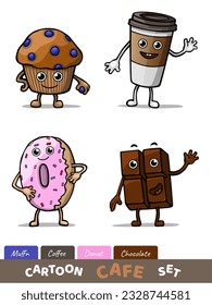Funny Cafe set isolated on white background. Cartoon characters. Vector Illustration
