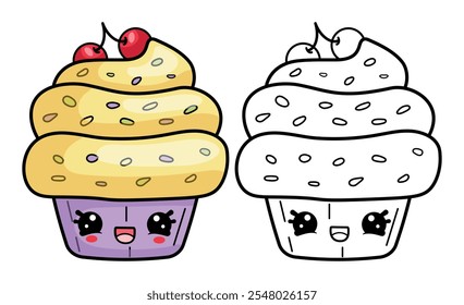 Funny cake coloring in kawaii style, isolated sweet vector illustration