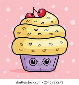 Pastel divertido con vasos en estilo kawaii, linda Ilustración vectorial de comida dulce aislada. Logotipo de la mascota de la panadería