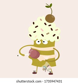 Torta divertida con crema batida y cereza encima. Dibujo vectorial estilo caricatura de la tarta lamiendo una golosina de caramelo y cargando un paquete con dulces sobre fondo blanco. Carácter de postre dulce.
