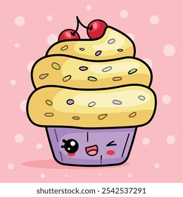 Funny cake winks in kawaii style, cute isolated sweet food vector illustration