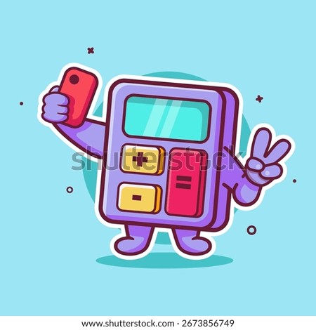 funny calculator character mascot taking a selfie with a smartphone isolated cartoon 