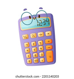 Funny Calculator as School Item with Smiling Face in Glasses as Cartoon Education Supply Vector Illustration