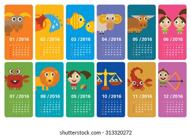 Funny calendar 2016 with cartoon horoscopes (ideal for web and print)