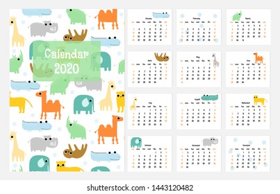 Funny calendar 2020 with wild cartoon animals. Vector hand drawn illustration.