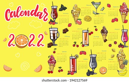 calendario divertido para 2022 con bebidas vectoriales en diferentes vasos, frutas tropicales, bayas y helados en un cono