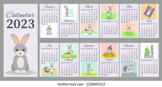 funny calendar layout for 2023 with a rabbit color picture by month with a character gray color