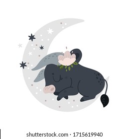 Funny calf baby animal, little bull, on the moon in flat style. Childish print with cow, taurus character. Cartoon vector illustration isolated on white. Ideal for poster, kids clothing, card, print