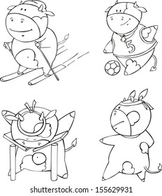 Funny calf cartoons. Set of black and white outline vector illustrations.