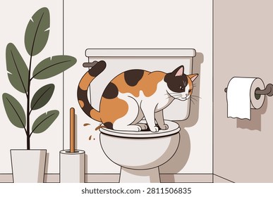 Funny calico cat sitting on a human toilet seat in a modern bathroom representing toilet training pets and common household hygiene habits.