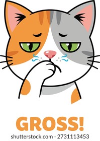 Engraçado personagem de vetor gato calico cobrindo sua boca com uma expressão nojenta e texto "Gross". Ideal para dicas de higiene de animais de estimação, marketing de caixa de areia, blogs de saúde veterinária e materiais educativos de cuidados com animais.

