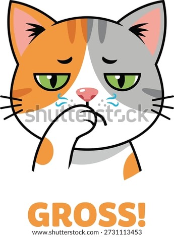 Funny calico cat vector character covering its mouth with a disgusted expression and “Gross” text. Ideal for pet hygiene tips, litter box marketing, veterinary health blogs, and educational animal care materials.
