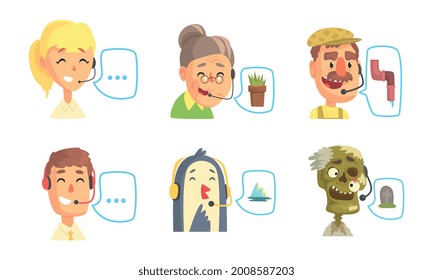 Funny Call Center Operators Set, Customer Service Representatives Cartoon Vector Illustration