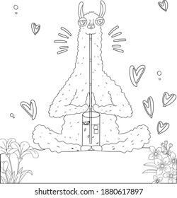 funny calm llama doing yoga line art for coloring book