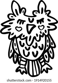 A funny calm owl dozing. Vector illustration of a forest bird. Hand-drawn black and white doodle. Single element of the wildlife theme. Kind cartoon childish illustration of a tired owlet.