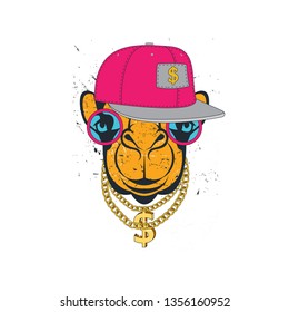 funny camel with gold chain in glasses and cap. Colored print for t-shirt and another, trendy apparel design. Vector illustrations  