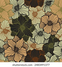 Funny camellia blossom seamless design. Hand drawn bouquet composition. Camellia bloom with outline petals. Fabric print. Garden flower spring endless pattern Valentines day motif.