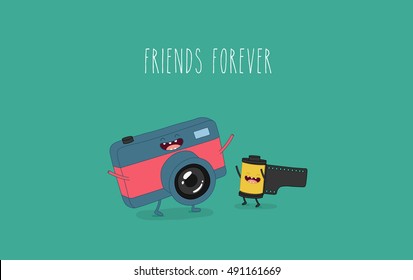 Funny camera and camera roll. Vector illustration. Use for card, poster, banner, web design and print on t-shirt. Easy to edit.