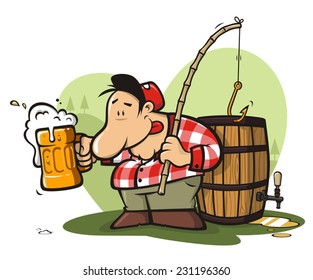 Funny camper fishing a beer barrel