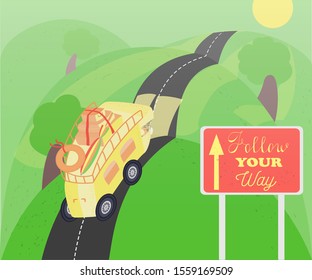 Funny Campervan Driving on the Road, Packed with Travel Things. Summer Nature Background. Road Sign with Inspiring Conceptual Title. Illustration of Van Life and Freedom to Choose the Way One's Live.