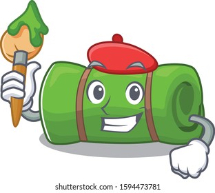 Funny camping mat Scroll Artist cartoon character holding brush