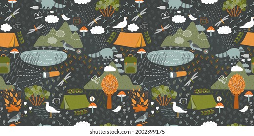 Funny camping story seamless pattern design. Creative print with tent, bonfire, bush, tree, birds. Cute racoon try to find what to eat. Nature forest landscape with mountains and lake. Hike background