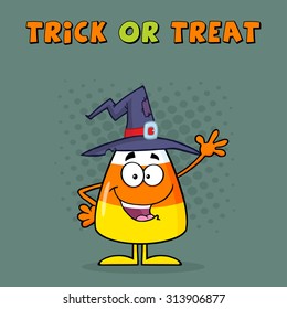 Funny Candy Corn Cartoon Character With A Witch Hat Waving. Greeting Card Vector Illustration 