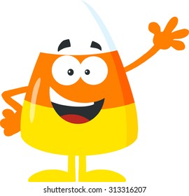 Funny Candy Corn Flat Design Waving. Vector Illustration Isolated On White