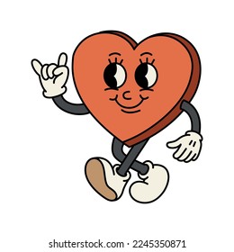 A funny candy heart walking. Happy and cheerful emotions. Old animation 60s 70s, smiled mascot character. Trendy Valentine's Day illustration in retro style. Vector on isolated background.