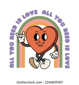 A funny candy heart walking. Valentine quote. Old animation 60s 70s, smiled mascot character. Trendy Valentine's Day illustration in retro style. Vector on isolated background.