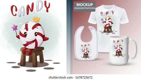 funny Candy King sitting on a chair with a star and crown character illustration