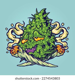 Funny cannabis leaf plant smoking weed logo cartoon illustrations vector for your work, merchandise t-shirt, stickers and label designs, poster, greeting cards advertising business company or brands